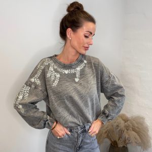 Limited edition Ella sweat bluse med simili sten – Wash grey