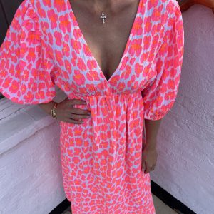 Sofny summer dress med puf ærme – Orange/pink