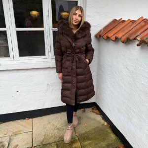 Ella lang dun jakke med fake fur - Brun
